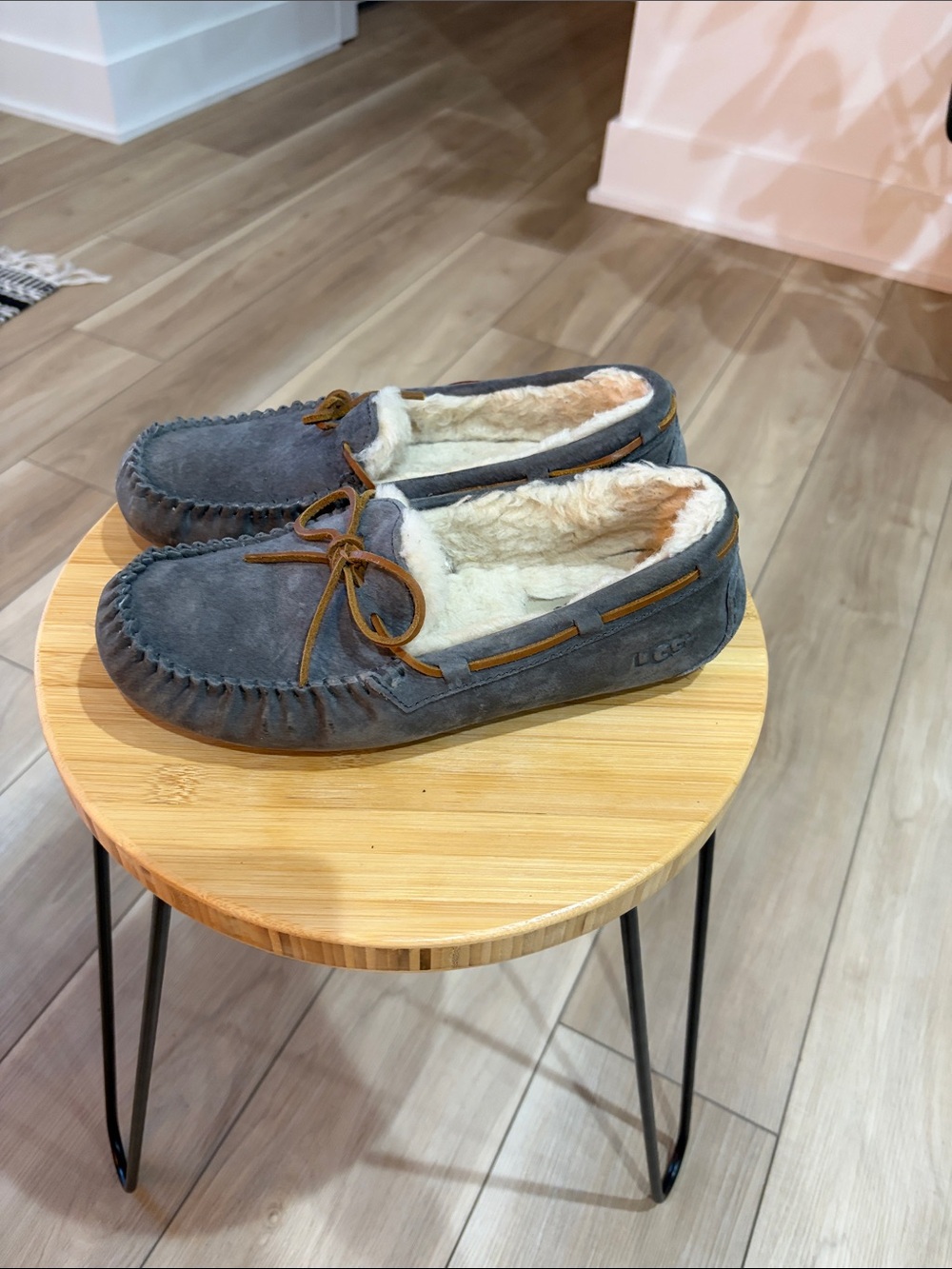 UGG Gray Suede Shearling-Lined Moccasin Slippers